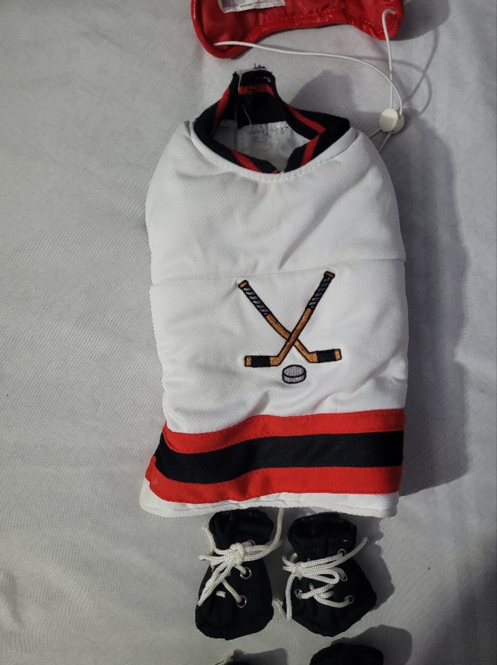 White & Red Hockey-Striped Dog Jersey with Embroidered Sticks